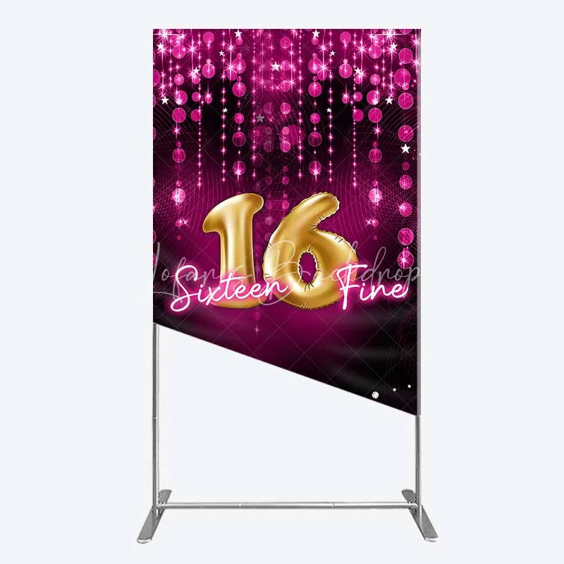 Lofaris Pink and Gold Sixteen Fine Rectangle Backdrop 16th Birthday Balloon Sparkles Party Decoration