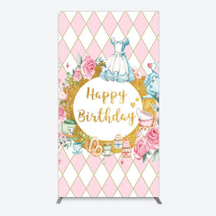 Lofaris Pink and Gold Whimsical Happy Birthday rectangle arch backdrop Fairytale Tea Party Decor