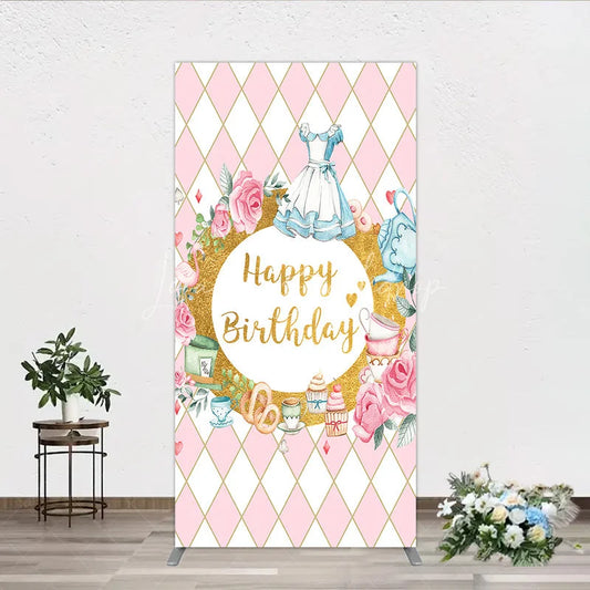 Lofaris Pink and Gold Whimsical Happy Birthday rectangle arch backdrop Fairytale Tea Party Decor