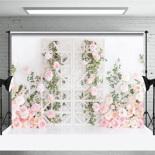 Lofaris Pink and Peach Roses Floral Photography Backdrop with White Trellis Romantic Wedding Bridal Shower Decor