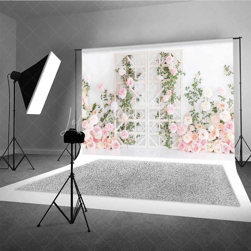 Lofaris Pink and Peach Roses Floral Photography Backdrop with White Trellis Romantic Wedding Bridal Shower Decor