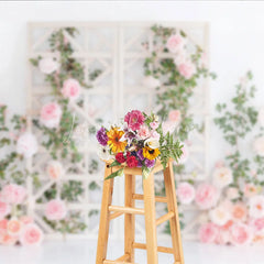 Lofaris Pink and Peach Roses Floral Photography Backdrop with White Trellis Romantic Wedding Bridal Shower Decor