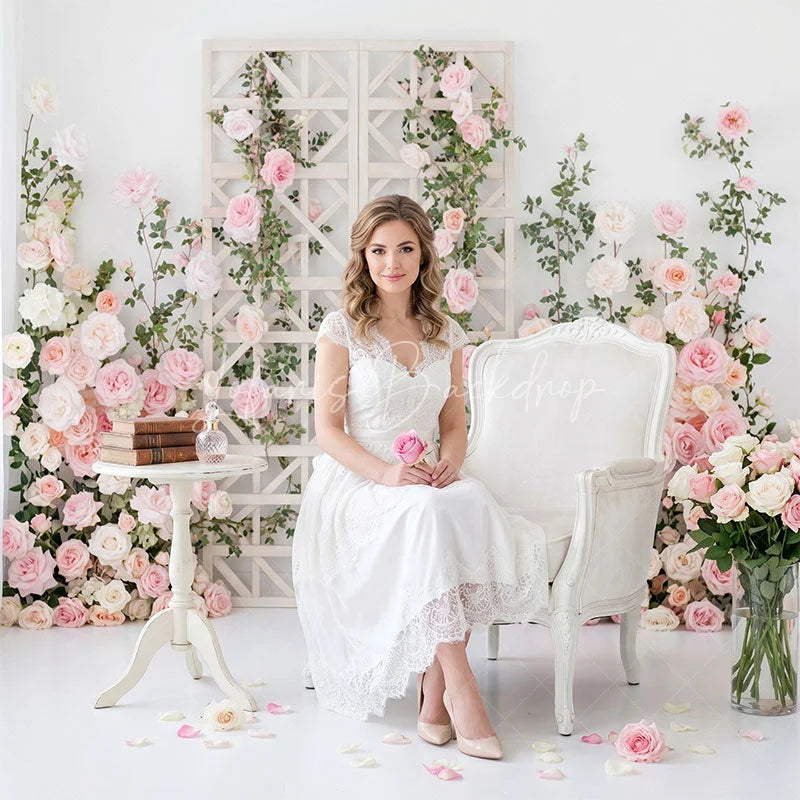 Lofaris Pink and Peach Roses White Trellis Floral Combo Set Backdrop Romantic Wedding Bridal Shower Decor