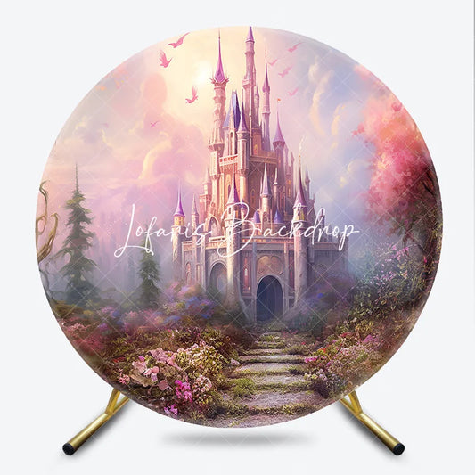 Lofaris Pink and Purple Fairytale Castle Enchanted Forest Round Backdrop Dreamy Princess Birthday Party Decor
