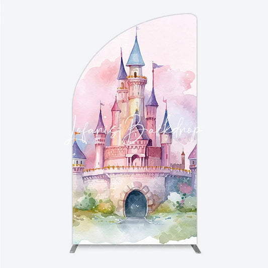 Lofaris Pink and Purple Watercolor Fairytale Castle Half Moon Arch Backdrop Dreamy Princess Birthday Party Decor.