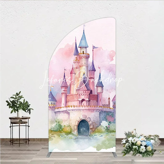 Lofaris Pink and Purple Watercolor Fairytale Castle Half Moon Arch Backdrop Dreamy Princess Birthday Party Decor.