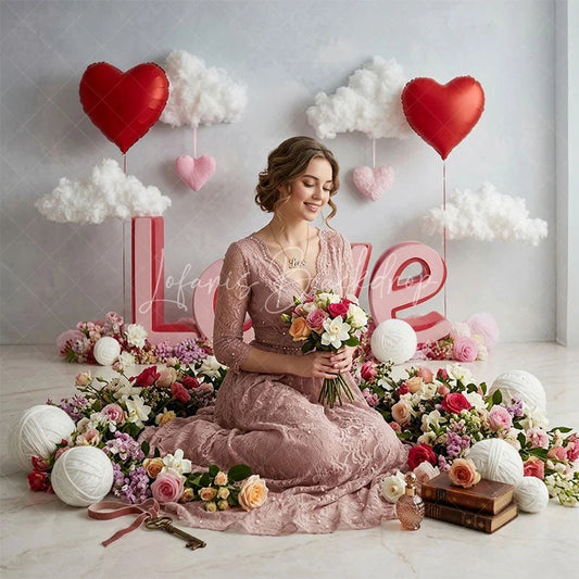 Lofaris Pink and Red Love Letters Combo Set Backdrop with Heart Balloons Clouds Romantic Valentine’s Day Decor
