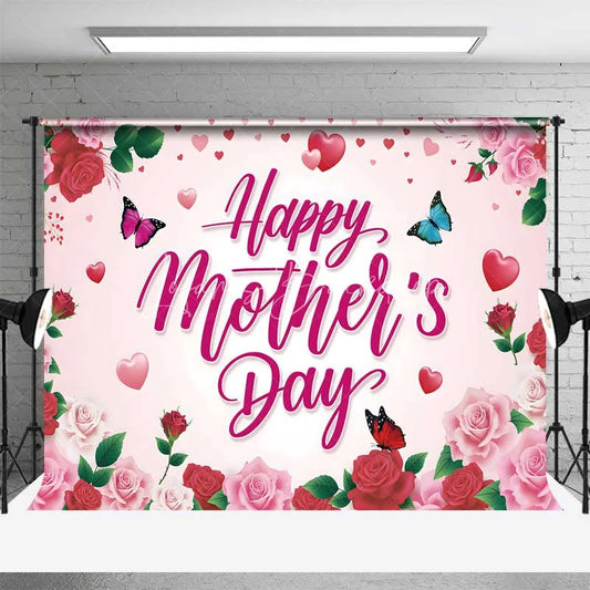 Lofaris Pink and Red Roses Happy Mothers Day Backdrop Floral Butterflies Hearts Party Background Sweet Love Celebration