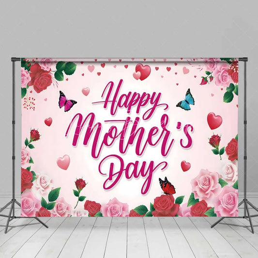 Lofaris Pink and Red Roses Happy Mothers Day Backdrop Floral Butterflies Hearts Party Background Sweet Love Celebration