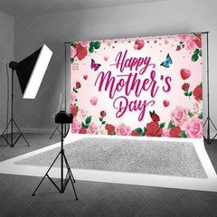 Lofaris Pink and Red Roses Happy Mothers Day Backdrop Floral Butterflies Hearts Party Background Sweet Love Celebration