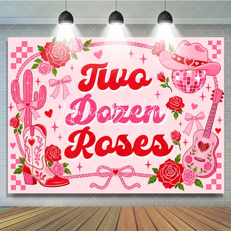 Lofaris Pink and Red Two Dozen Roses Western Birthday Backdrop with Cowboy Hat Boots Disco Ball Girly Party Decor.