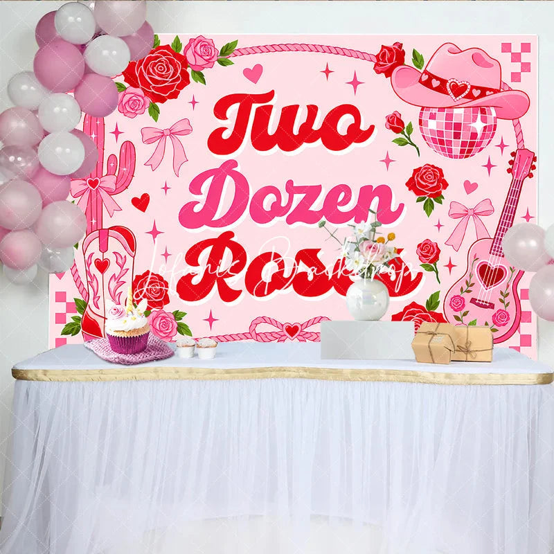 Lofaris Pink and Red Two Dozen Roses Western Birthday Backdrop with Cowboy Hat Boots Disco Ball Girly Party Decor.