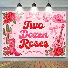 Lofaris Pink and Red Two Dozen Roses Western Groovy Birthday Backdrop Cowboy Boot Guitar Disco Ball Decor