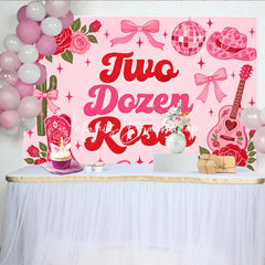 Lofaris Pink and Red Two Dozen Roses Western Groovy Birthday Backdrop Cowboy Boot Guitar Disco Ball Decor