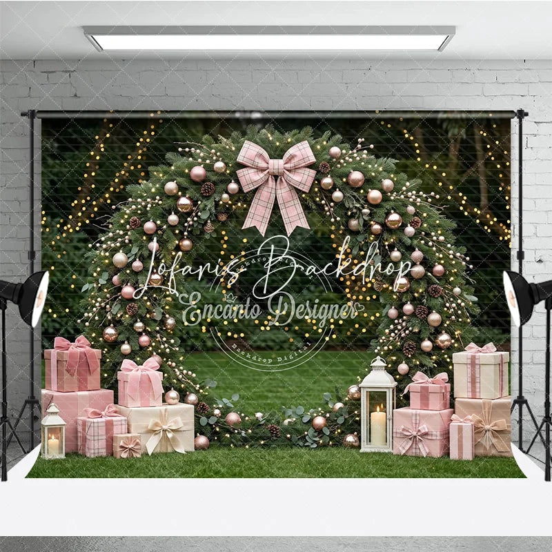 Lofaris Pink and Rose Gold Ornaments Evergreen Wreath Holiday Backdrop featuring a Plaid Bow Gift Boxes with Lanterns