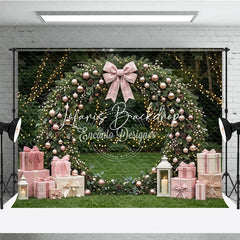 Lofaris Pink and Rose Gold Ornaments Evergreen Wreath Holiday Backdrop featuring a Plaid Bow Gift Boxes with Lanterns