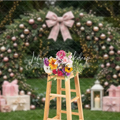 Lofaris Pink and Rose Gold Ornaments Evergreen Wreath Holiday Backdrop featuring a Plaid Bow Gift Boxes with Lanterns