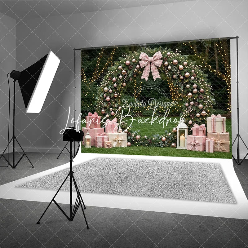 Lofaris Pink and Rose Gold Ornaments Evergreen Wreath Holiday Backdrop featuring a Plaid Bow Gift Boxes with Lanterns