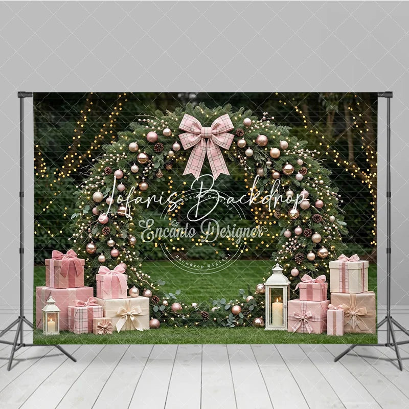 Lofaris Pink and Rose Gold Ornaments Evergreen Wreath Holiday Backdrop featuring a Plaid Bow Gift Boxes with Lanterns