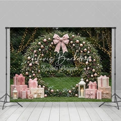 Lofaris Pink and Rose Gold Ornaments Evergreen Wreath Holiday Backdrop featuring a Plaid Bow Gift Boxes with Lanterns