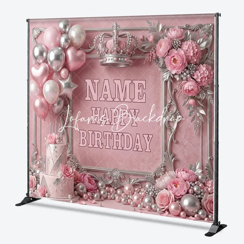 Lofaris Pink and Silver Princess Crown Custom Birthday Backdrop with Balloons Cake Elegant Party Decor