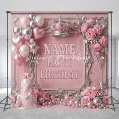 Lofaris Pink and Silver Princess Crown Custom Birthday Backdrop with Balloons Cake Elegant Party Decor