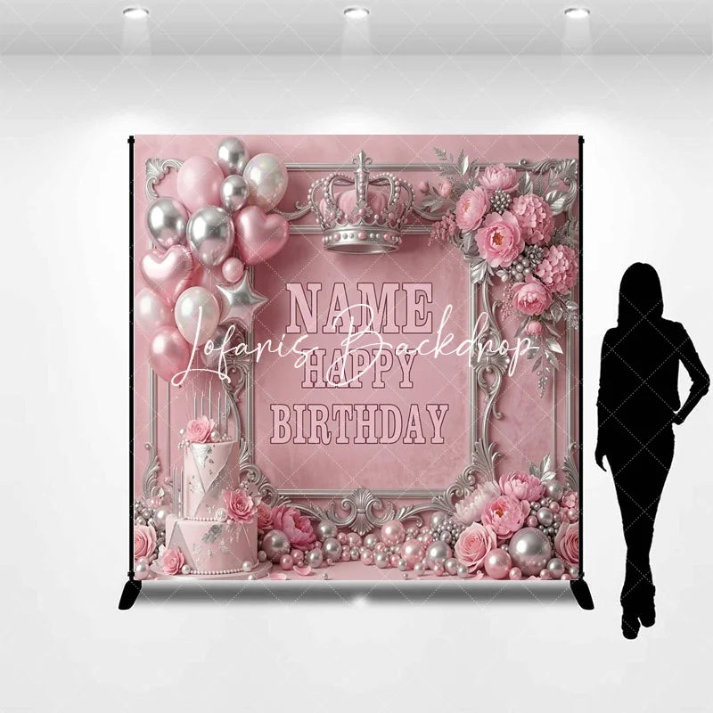 Lofaris Pink and Silver Princess Crown Custom Birthday Backdrop with Balloons Cake Elegant Party Decor