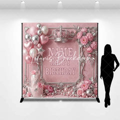 Lofaris Pink and Silver Princess Crown Custom Birthday Backdrop with Balloons Cake Elegant Party Decor