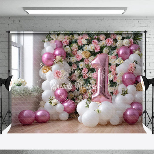 Lofaris Pink and White Balloon Floral Photography Backdrop First Birthday Party Decoration for Baby Girl