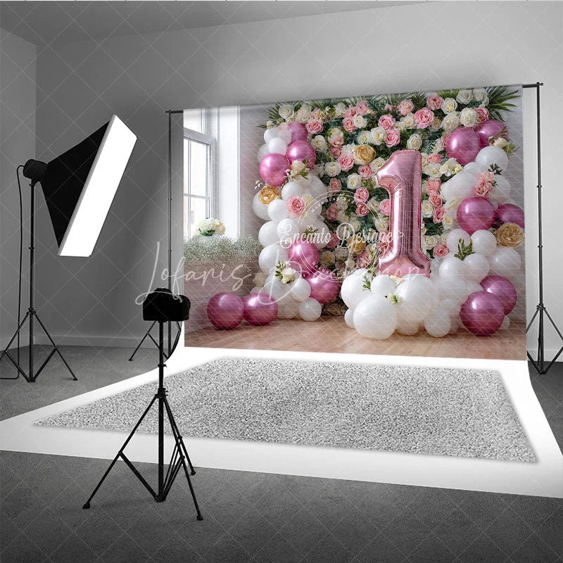 Lofaris Pink and White Balloon Floral Photography Backdrop First Birthday Party Decoration for Baby Girl