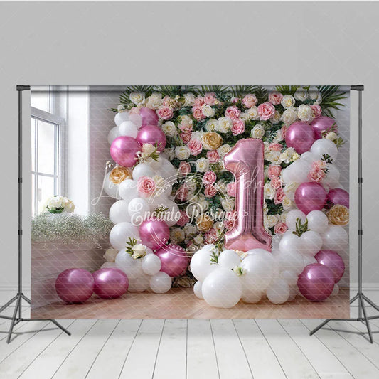 Lofaris Pink and White Balloon Floral Photography Backdrop First Birthday Party Decoration for Baby Girl