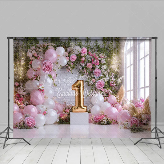 Lofaris Pink and White Balloons Floral Arch First Birthday Photography Backdrop Golden Number One Window Light