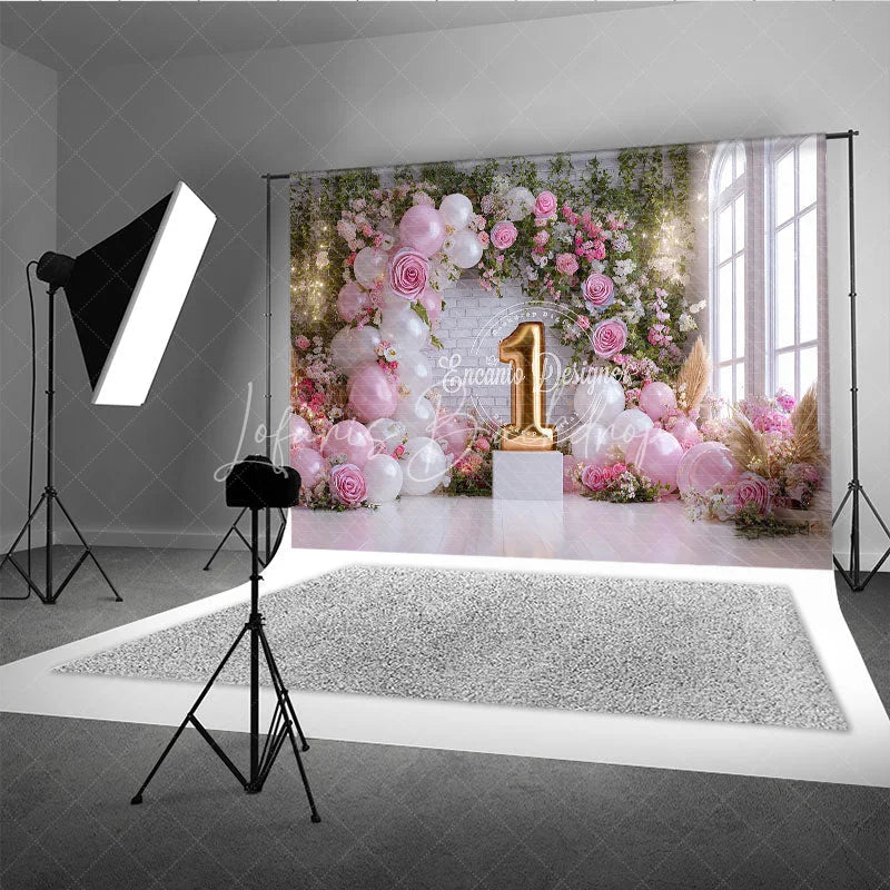 Lofaris Pink and White Balloons Floral Arch First Birthday Photography Backdrop Golden Number One Window Light
