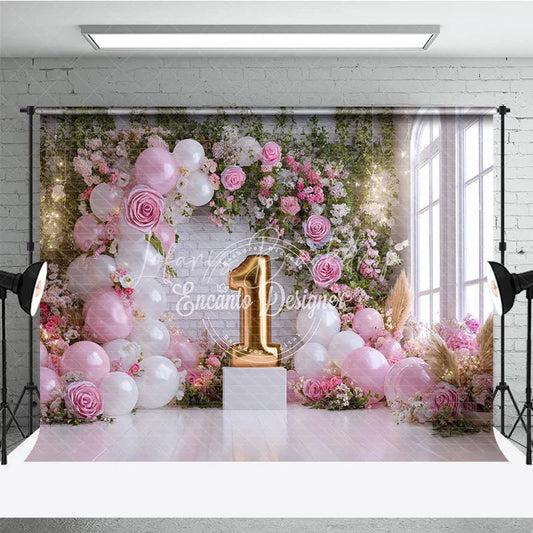 Lofaris Pink and White Balloons Floral Arch First Birthday Photography Backdrop Golden Number One Window Light