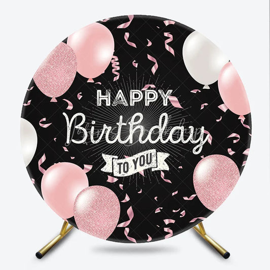 Lofaris Pink and White Balloons Round Backdrop Happy Birthday to You Black Background Elegant Girls Party Decor