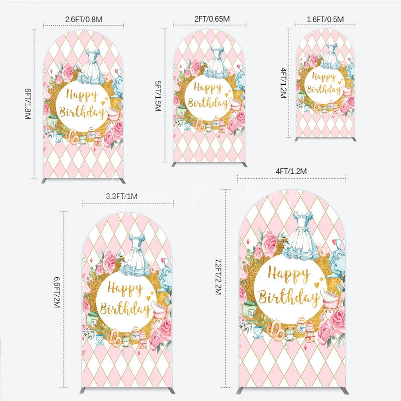 Lofaris Pink and White Diamond Pattern Round Top Arch Backdrop Happy Birthday Fairytale Tea Party Decor with Blue Dress