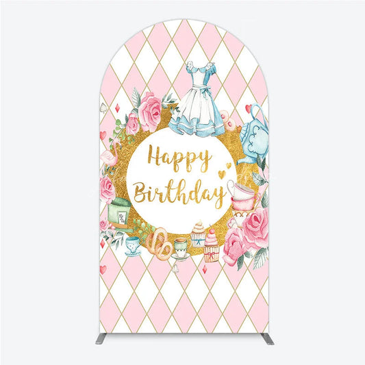 Lofaris Pink and White Diamond Pattern Round Top Arch Backdrop Happy Birthday Fairytale Tea Party Decor with Blue Dress