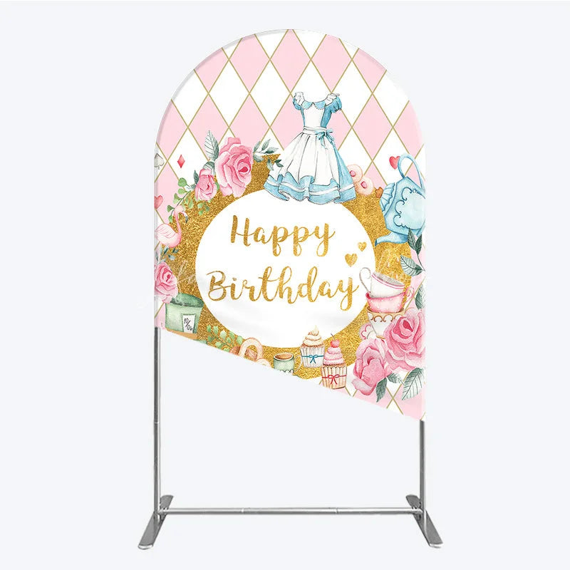 Lofaris Pink and White Diamond Pattern Round Top Arch Backdrop Happy Birthday Fairytale Tea Party Decor with Blue Dress