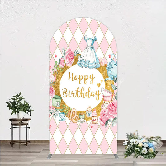 Lofaris Pink and White Diamond Pattern Round Top Arch Backdrop Happy Birthday Fairytale Tea Party Decor with Blue Dress