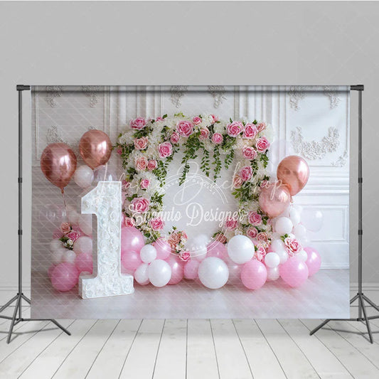 Lofaris Pink and White Floral Arch 1st Birthday Photography Backdrop Rose Gold Balloons Baby Girl Party Decor