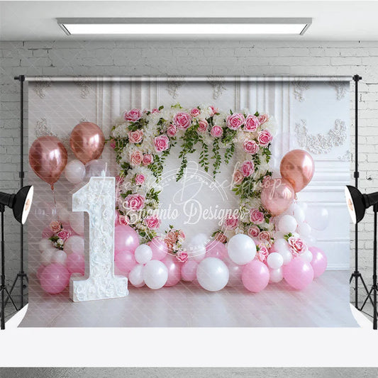 Lofaris Pink and White Floral Arch 1st Birthday Photography Backdrop Rose Gold Balloons Baby Girl Party Decor