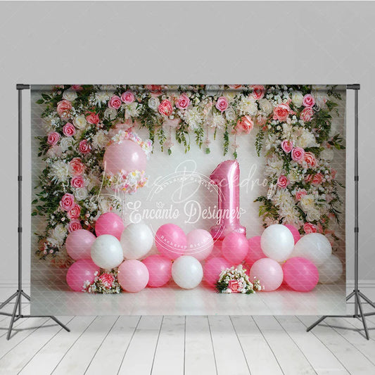 Lofaris Pink and White Floral Arch Photography Backdrop with Number One Balloon First Birthday Party Decor