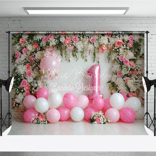 Lofaris Pink and White Floral Arch Photography Backdrop with Number One Balloon First Birthday Party Decor