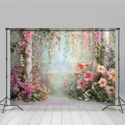 Lofaris Pink and White Floral Garden Photography Backdrop with Hanging Vines Ethereal Spring Wedding Decor