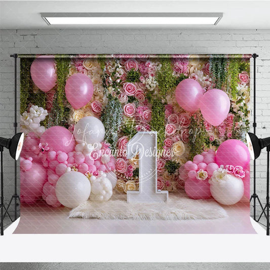Lofaris Pink and White Floral Rose Wall Photography Backdrop First Birthday Baby Shower with Balloons Number