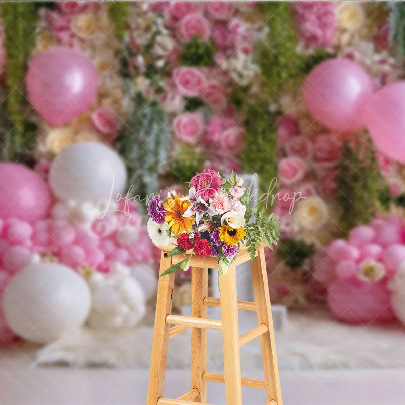 Lofaris Pink and White Floral Rose Wall Photography Backdrop First Birthday Baby Shower with Balloons Number