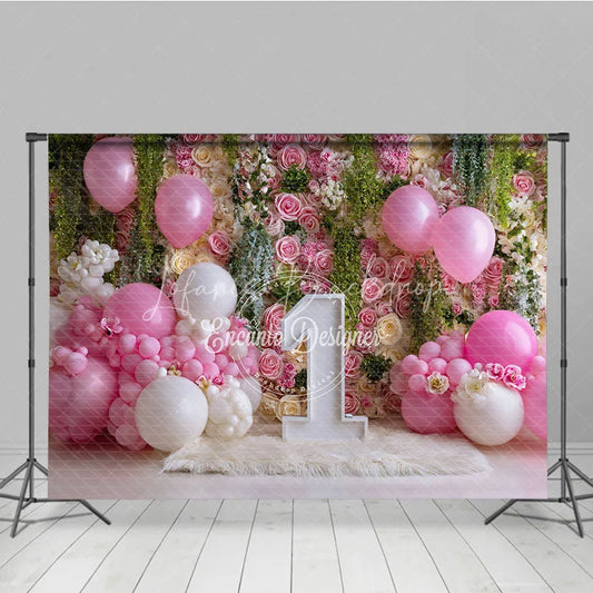 Lofaris Pink and White Floral Rose Wall Photography Backdrop First Birthday Baby Shower with Balloons Number