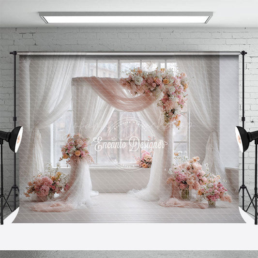 Lofaris Pink and White Floral Wedding Arch Photography Backdrop Bright Airy Decor Romantic Indoor Ceremony Photo Booth