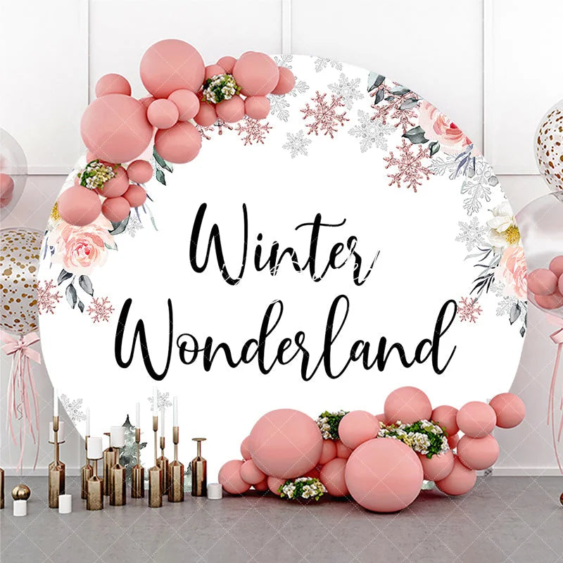 Lofaris Pink and White Floral Winter Wonderland Round Backdrop with Rose Gold Snowflakes Elegant Party Decor