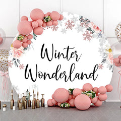 Lofaris Pink and White Floral Winter Wonderland Round Backdrop with Rose Gold Snowflakes Elegant Party Decor